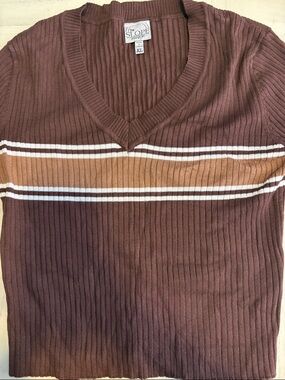 The Slope Ribbed V-Neck Crop Top in Brown with Tan Stripe